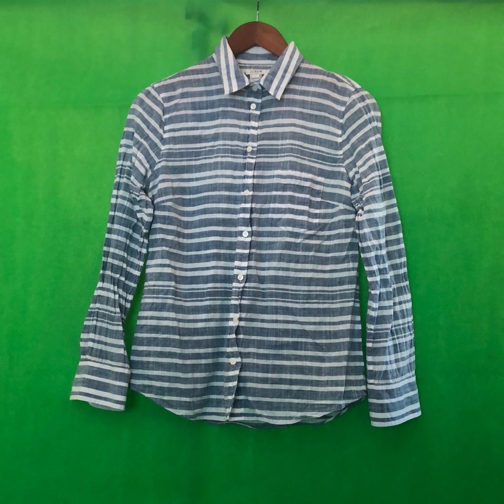 women’s collared white and blue striped button up